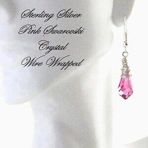 Pink Swarovski Crystal Teardrop Earrings: Sterling Silver Wire Wrapped Dangle